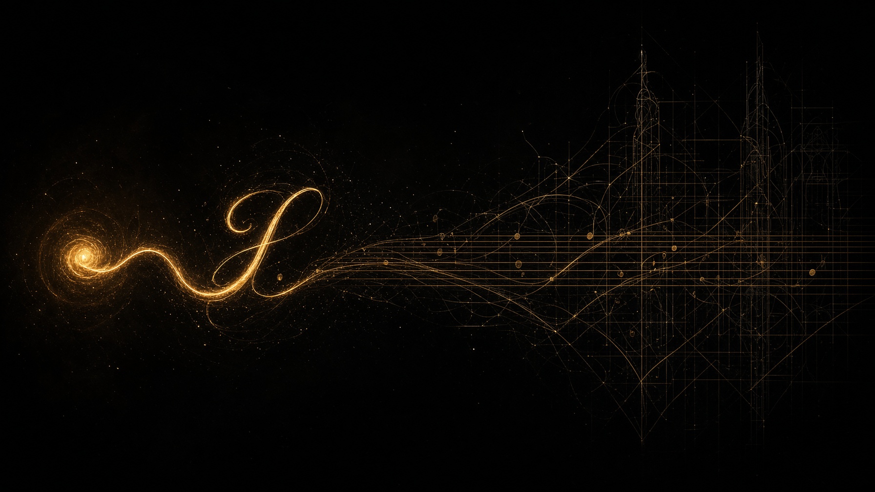 A bronze filament of light becoming letterforms and ruled lines in a dark field.
