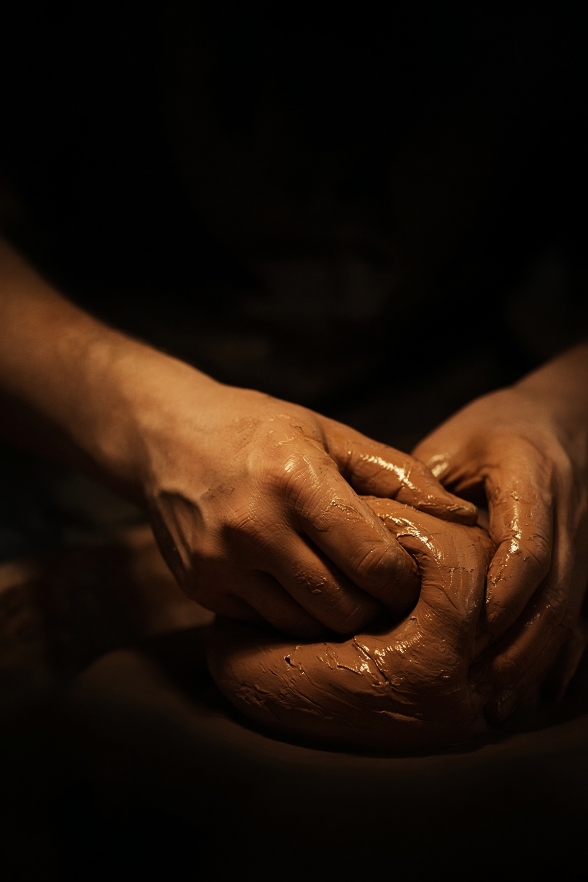 Two hands working wet terracotta clay under a single warm lamp.