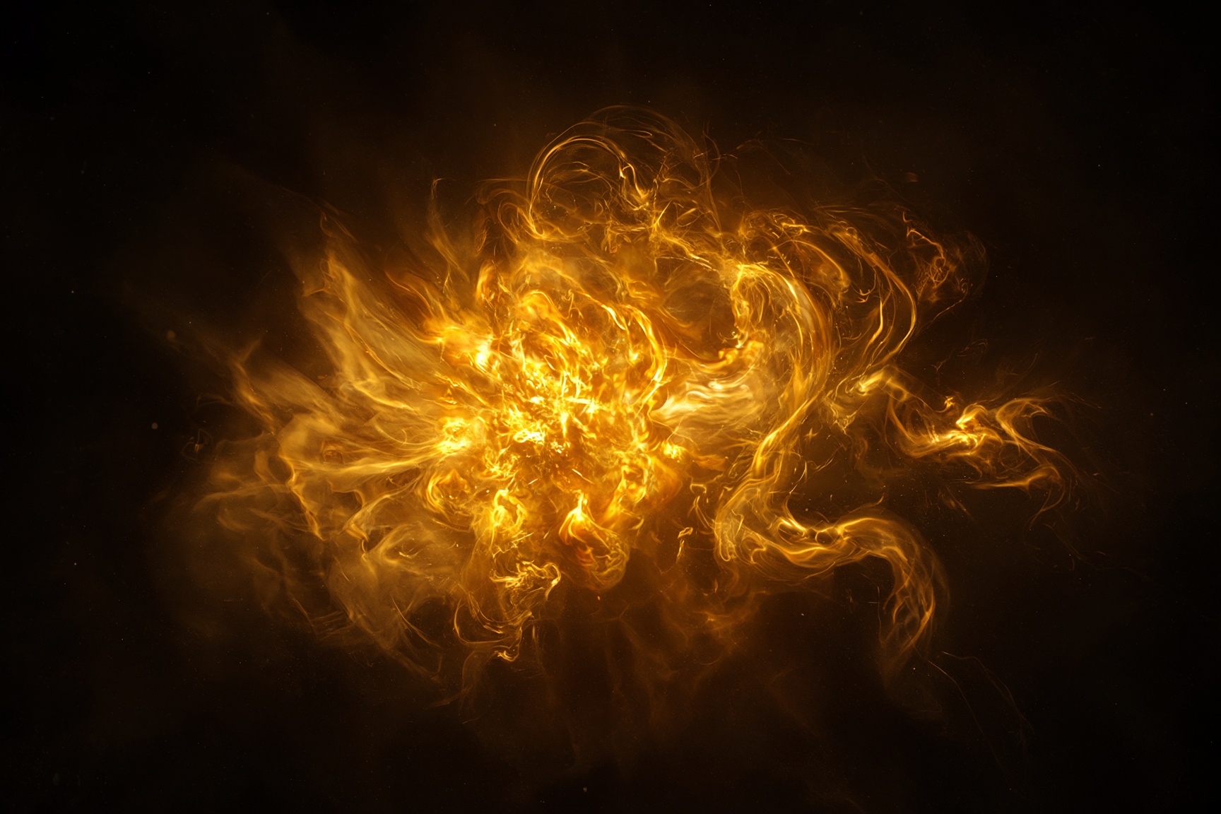 Gold-orange plasma gathering in a dark field, like solar corona.