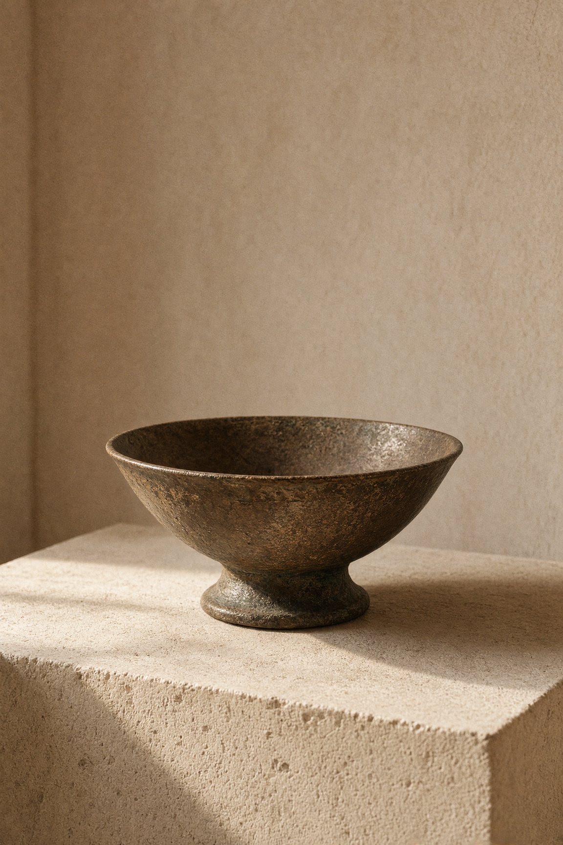 An empty bronze mixing bowl on a pale limestone plinth, most of the frame unused warm stone.