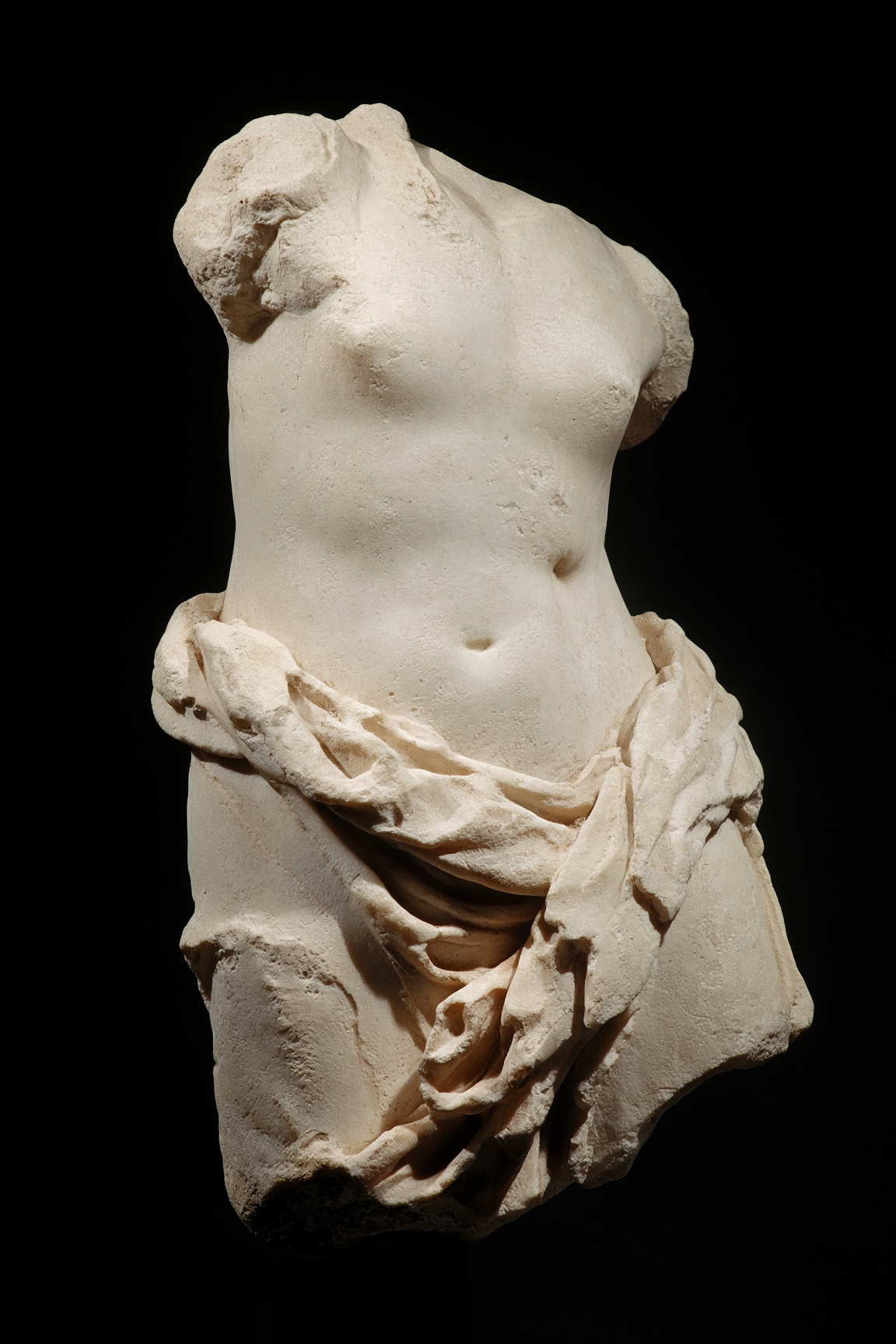 Broken marble torso and hip in raking museum light, the stone appearing to slacken.