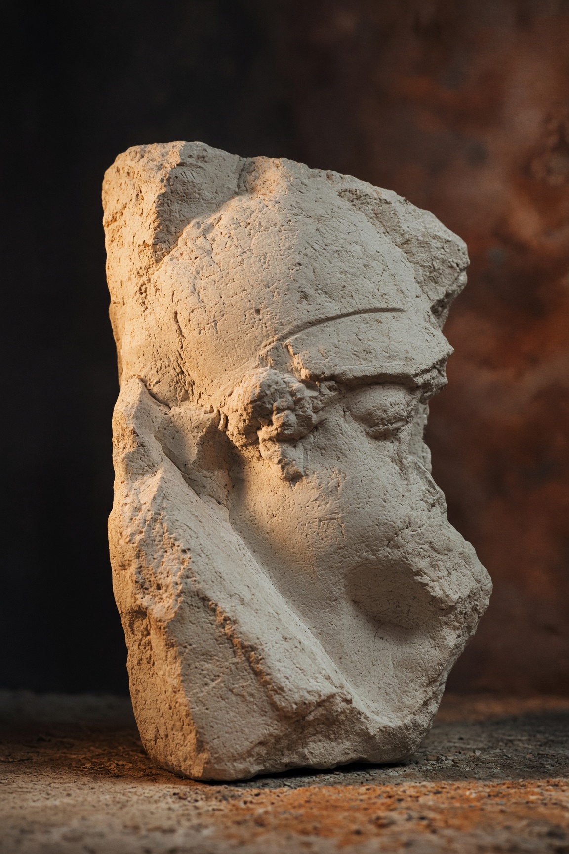 A weathered pale limestone fragment with faint tool marks in raking dawn light.