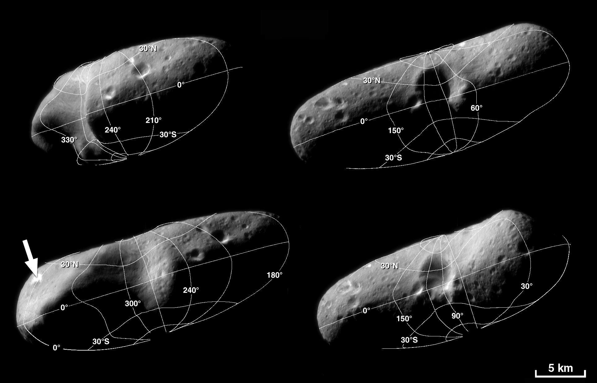 Four mosaics of 433 Eros used as a latitude and longitude road map.