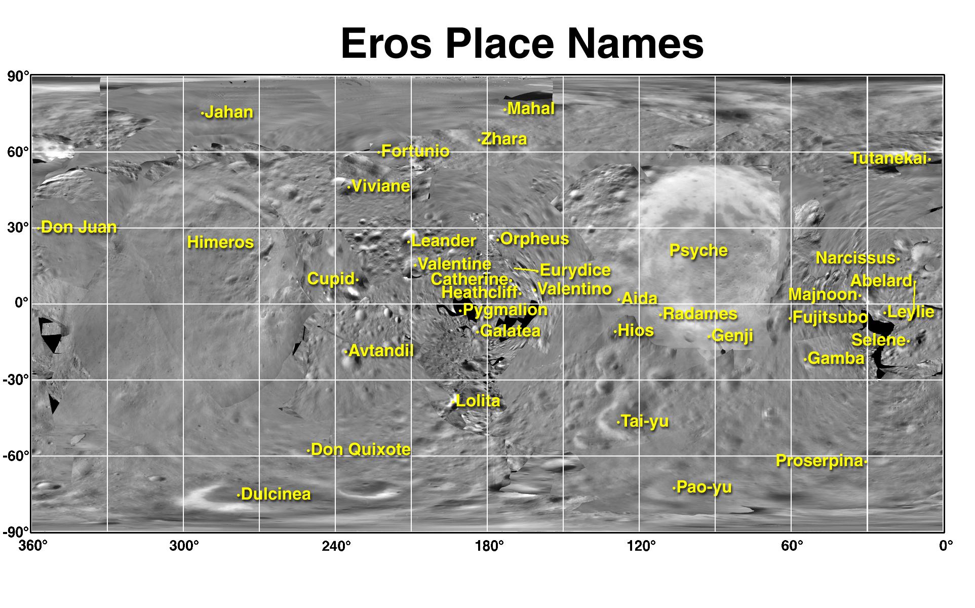 Cylindrical mosaic of 433 Eros labeled with proposed place names, including Himeros, Psyche and Hinks Dorsum.
