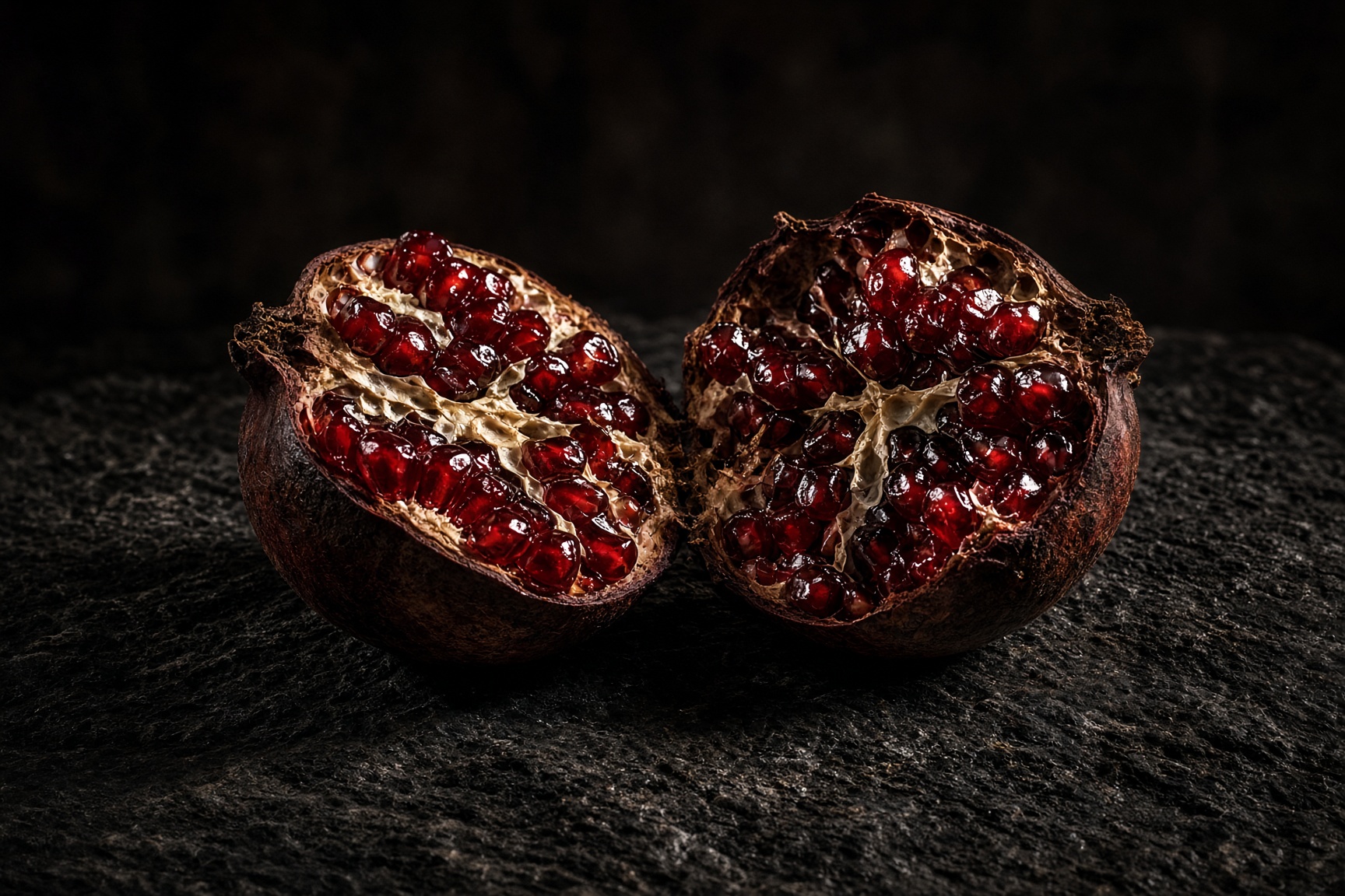 A split pomegranate on black stone, ruby arils catching raking light.