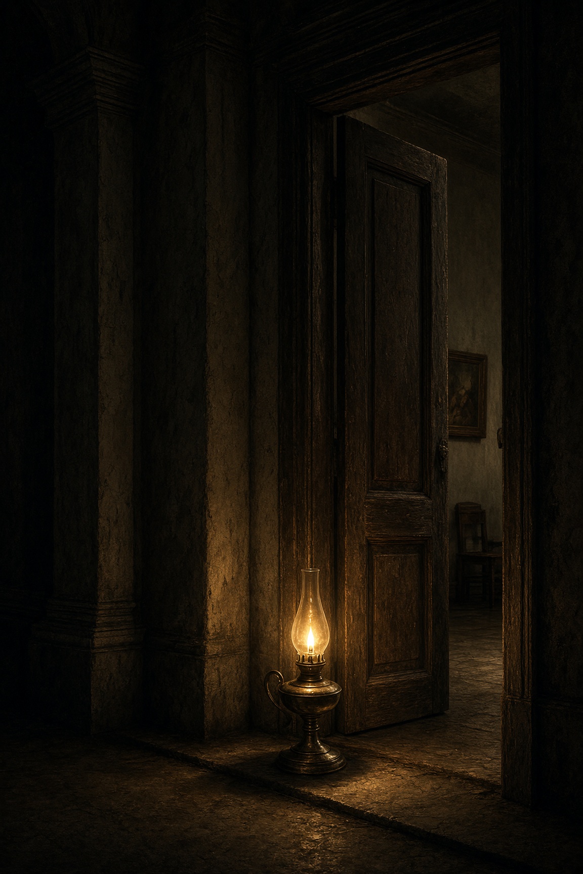 A single oil lamp burning in a dark doorway, the door slightly ajar.